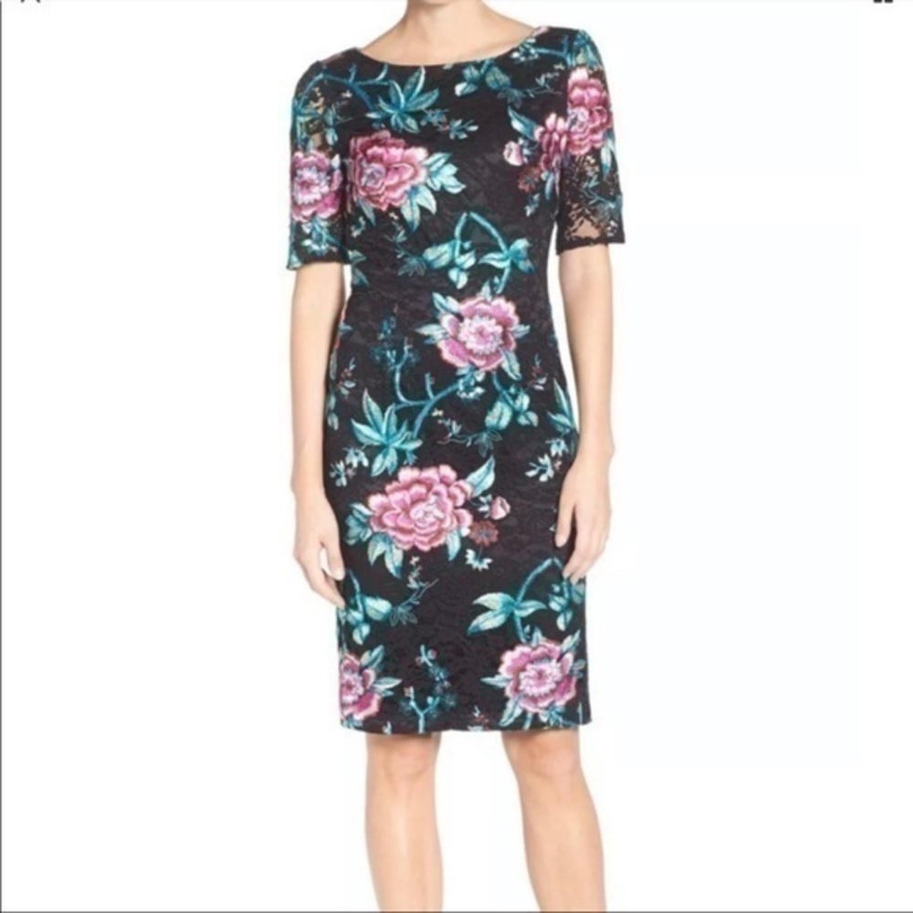 NWOT Eliza J Black Floral Embroidered Lace Sheath Dress